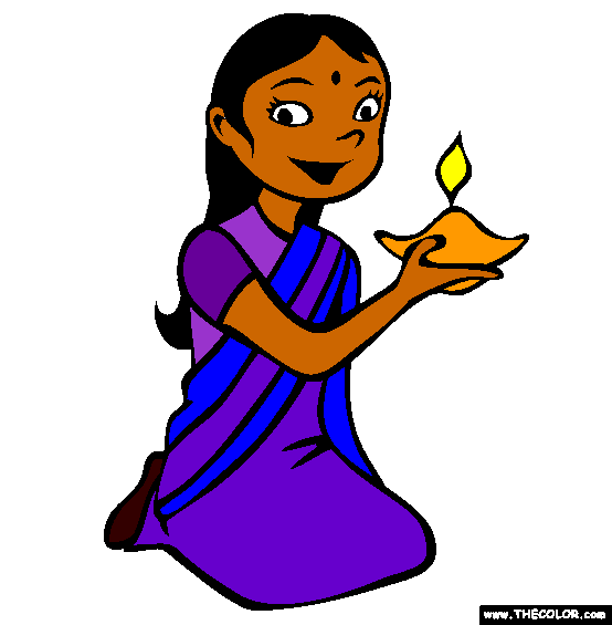 Diwali Girl and Lamp Coloring Page