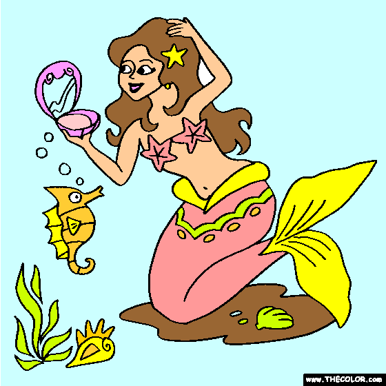 Mermaid with Clam shell Mirror Online Coloring
