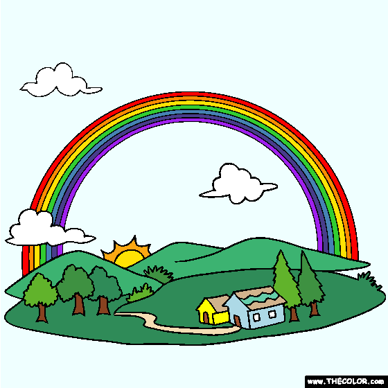 Village Under a Rainbow Online Coloring Page